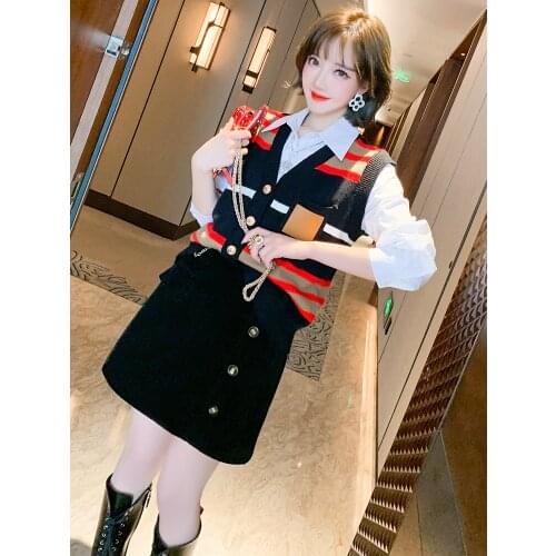 Shirt+Contrast stripe knitted vest+Corduroy half skirt three piece suit for women 2021 Spring new High Quality Top Quality