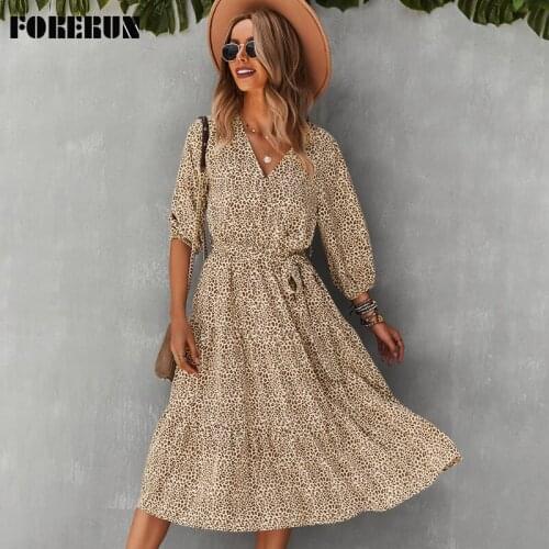 FORERUN Printed Long Dresses Women V-Neck Three Quarter Slim Bowknot Waist Ruffle Dress Autumn Boho Robe Longue Femme