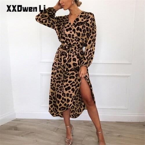 Sexy V-neck Chiffon Leopard Belt Midi Dress For Women 2021 Autumn Spring Casual Loose Long Sleeve Woman Party Dress Robe Femme