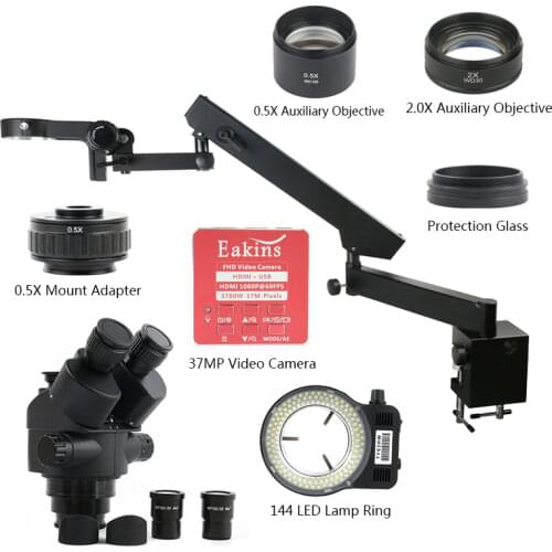 3.5X 7X 45X 90X 37MP HDMI USB Video Camera Articulating Arm Pillar Clamp Simul-Focal Industrial Trinocular Stereo Microscope