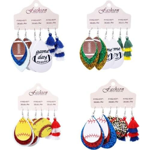 3 Pairs/Set Game Day PU Leather Baseball Earrings Set for Women Sport Theme Layered Tassel Softball Earrings Jewelry Wholesale