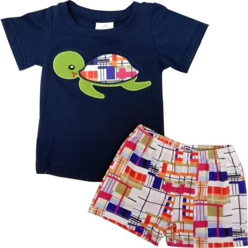 Well-made Boy Summer Suit Dark Blue Cotton Shirt Embroidered Turtle Pattern Milk Silk Shorts