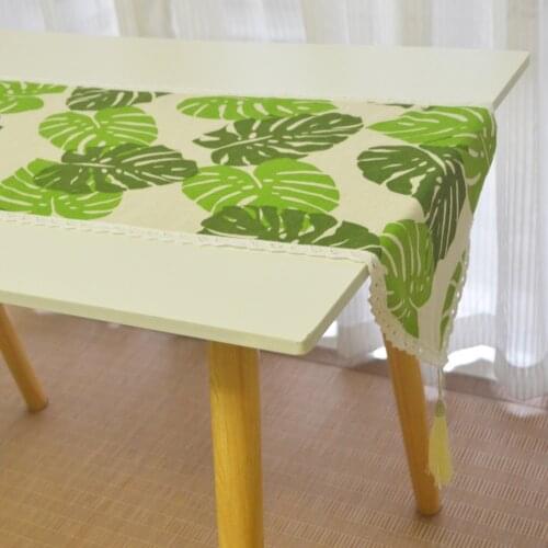 Lace Tassel Table Runner Printed Palm Leaves Linen Cotton Home Table Runner Wedding Christmas Birthday Party Table Decoration