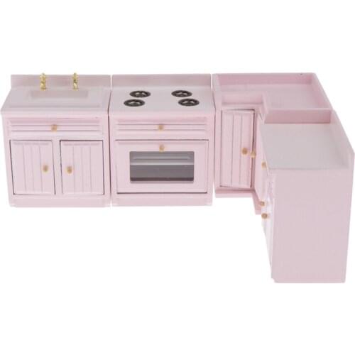 Dollhouse Miniature Kitchen Furniture Cabinet Stove Sink Set 1:12 Scale Model, Doll House Furnishings and Pretend Play Toy