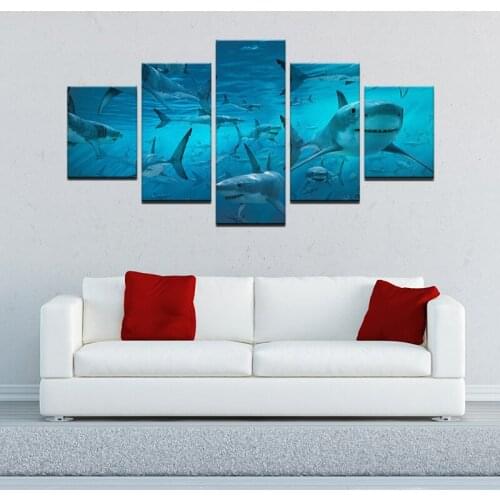 Modular Canvas Painting Wall Art 5 Panels Deep Sea Shark School Picture Living Room Bedside Mural Home Decoration Artwork Poster