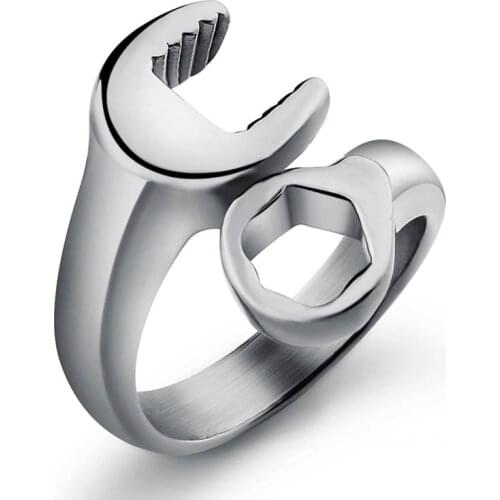 Mens Punk Wrench Rings Stainless Steel Tool Wrench Ring for Men Silver/Gold/Black Vintage Ring Hombres Shiny Wholesale Jewelry