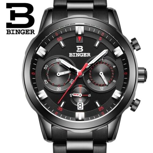 2017 New Watch Chronograph Mens Sport Military Wristwatches BINGER Brand Stainless Steel Quartz Watches Waterproof B-9011G