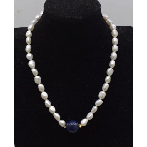 Wholesale freshwater pearl white baroque and blue lapis round necklace 17inch FPPJ nature beads