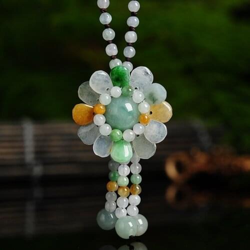 Certified Chinese Jade Jadeite Emerald Sunflower Pendant Beads Necklace Charm Jewellery Fashion Accessories Hand-Carved Amulet