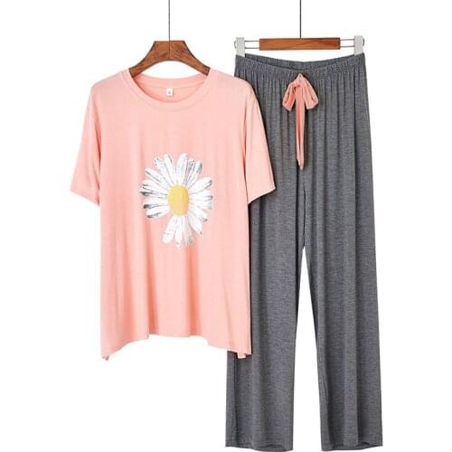 Spring and Autumn Modal Womens Pajamas Contrasting Color Thin Casual Short Sleeve Trousers Daisy Print Breathable Homewear Set