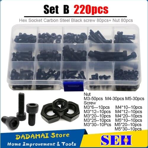 SEH 220Pcs/set Hexagon Socket Head Cap Screw Nut 12.9 Grade Carbon Steel Black M3 M4 M5 Screw Set Bolt And Nut Assortment Kit