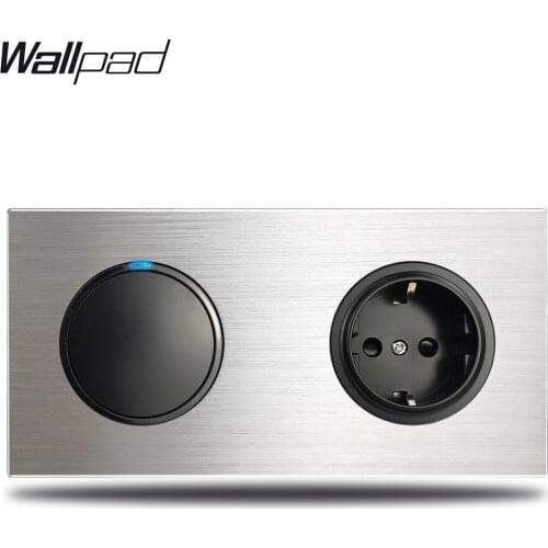 Wallpad Grey L6 1 Gang Light Switch with EU Plug Electrical Outlet Wall Power Socket Silver Brushed Aluminum Double Frame