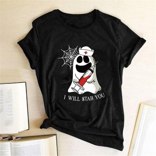I Will Stab You Print Halloween T-shirts Women Summer Graphic Tee Funny Crew Neck Shirts for Women Fashion Harajuku Ladies Tops
