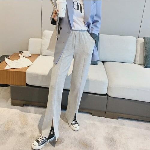 2021 Women Sports Sweatpants Flare Wide Leg Pants Split Hem Za Woman Y2k Clothes Urban Cargo Korean Capris Tracksuit Vintage Emo