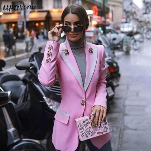 HIGH STREET Newest Fashion 2020 Designer Blazer Womens Long Sleeve Floral Lining Rose Buttons Pink Blazer Outer Jacket Clothing