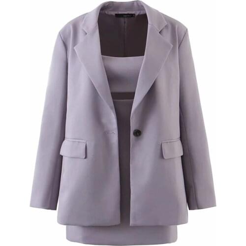 2021 Loose Women Blazer And Cami Mini Dress Sets Two Pieces OL Single button Jacket purple Formal Suits Outfits Spring Autumn