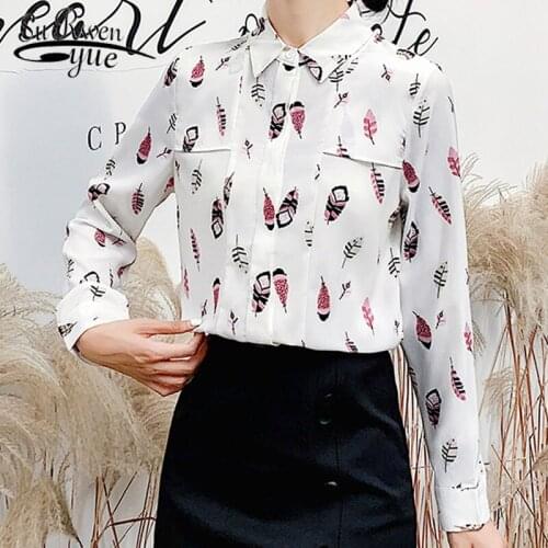 2021 Autumn Fashion Women Chiffon Blouses Casual Elegant Ladies Tops Long Sleeve White Printed Women Tops 6288 50