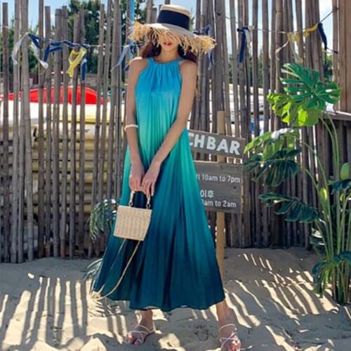 2021 Summer New Chic Fashion Maxi Long Holiday Summer Dress Gradient Loose Pleated Dress Women Sleeveless Backless Evening