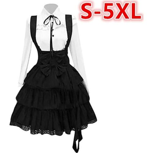 2021 Womens Classic Lolita Dress Vintage Inspired Womens Outfits Cosplay Anime Girl Black Long Sleeve Knee Length Shirt Dress