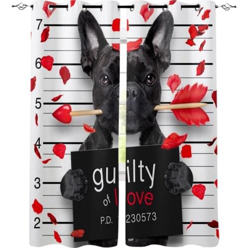 Animal Black Dog Cute Bulldog Window Curtains Lights Living Room Outdoor Fabric Decor Kids Curtain Panels With Grommets Window