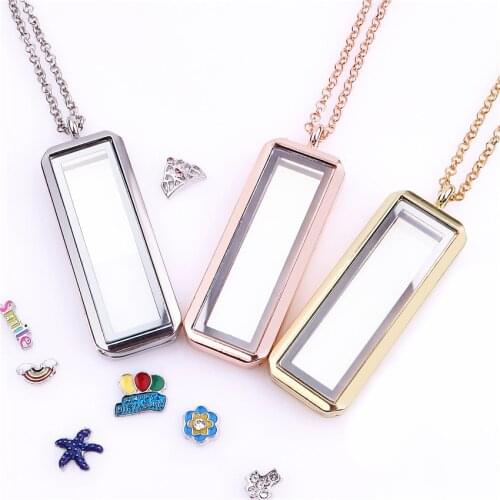 New 1pcs Vertical rectangle Floating charms Locket Glass Memory Living Floating charms Locket necklace 60cm chain women jewelry