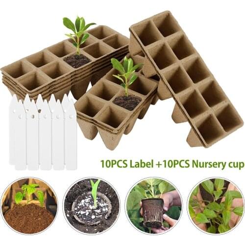 10pcs Seed Growing Tray +10pcs Label Biodegradable Pulp Plant Pot Herb Seed Nursery Cup Kit Home Garden Nursery Pots