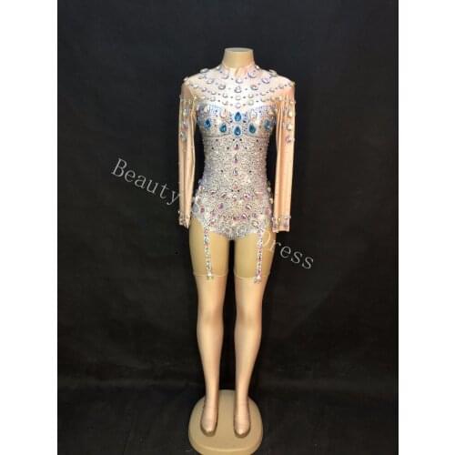 2019 New Crystals Sexy Bodysuit Bar Evening Party Performance Stretch Rhinestone Costume Female Singer Dancer Leotard Stage Wear
