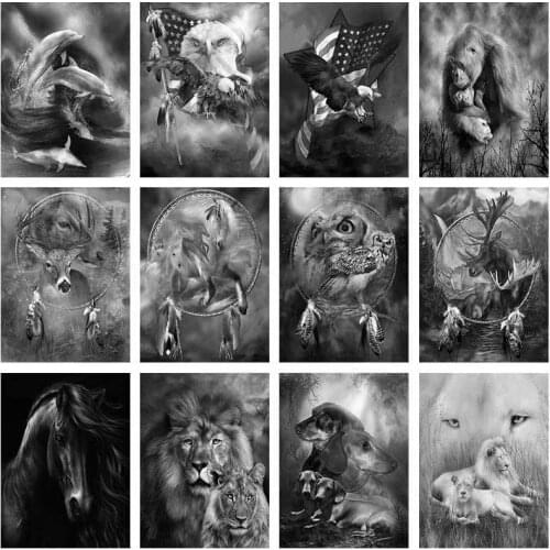 Black White Animal 5D DIY Diamond Painting Cross Stitch Lion Eagle Wolf Dog Diamond Embroidery Mosaic Home Room Decor Art