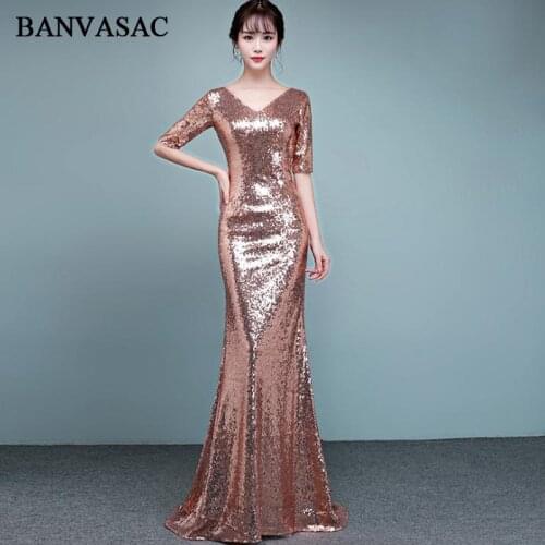BANVASAC 2018 V Neck Sequined Rose Gold Mermaid Long Evening Dresses Elegant Party Half Sleeve Backless Prom Gowns
