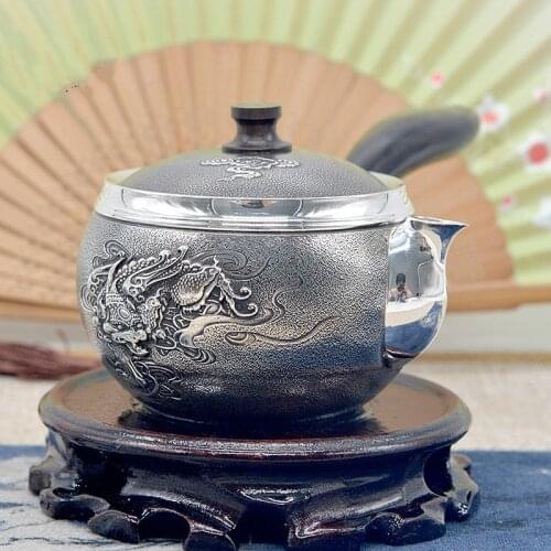 Side Handle Xiangyun Pure Silver Teapot Foot Silver 999 Manual Silver Teapot Pure Silver Teapot Kung Fu Teapot
