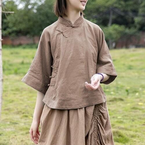 Johnature Women Chinese Style Shirts Stand Half Sleeve Tops Button Ramie Tops 2021 Summer Vintage Female Clothes A-Line Shirts