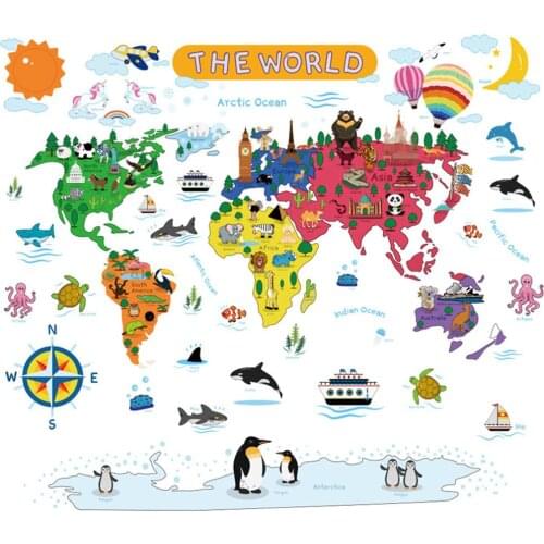 Colorful Animal World Map Wall Sticker Vinyl Removable Waterproof Wall Decals DIY Art for Kids Room Home Decoration
