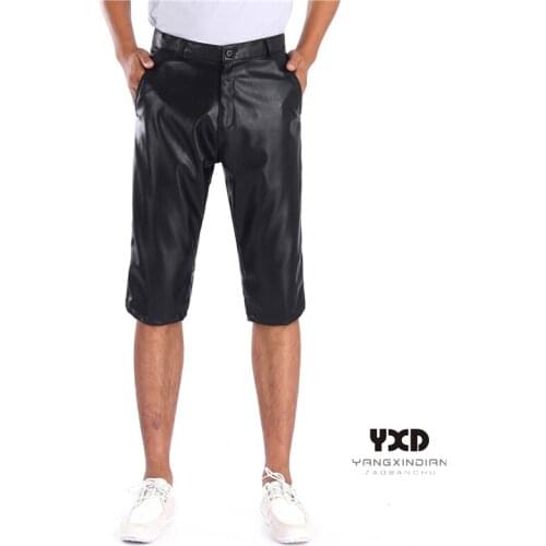 Summer New Mens Casual Trend Stretch Leather Loose Shorts Man Punk Hip Hop Streetwear Five-point Pants Male Thin Black Six Pants