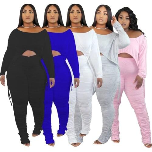 Fashion Two Piece Set O Neck Pure Color Crop Long Sleeve Top and Stacked Pants Outfits for Women Clothes Lounge Wear S-2XL