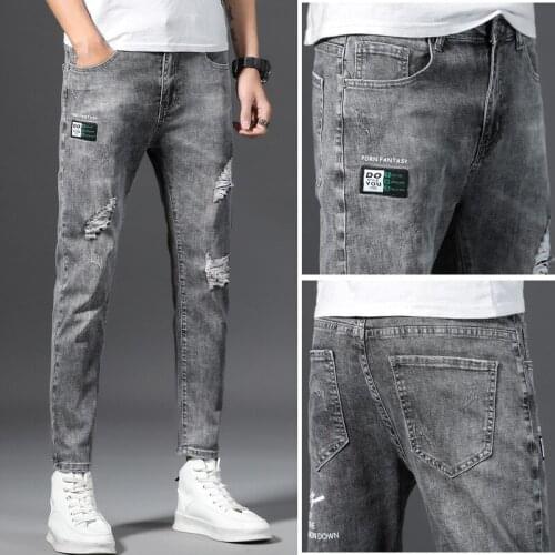 Wholesale 2021 Gray jeans mens hole trend all-match mens small feet summer thin casual ankle length pants