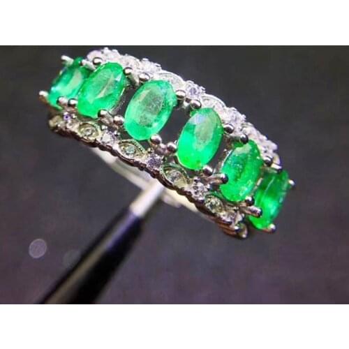 Natural real emerald ring Per jewelry Free shipping 3*5mm 0.25ct*6pcs gemstone 925 sterling silver For men or women J292803