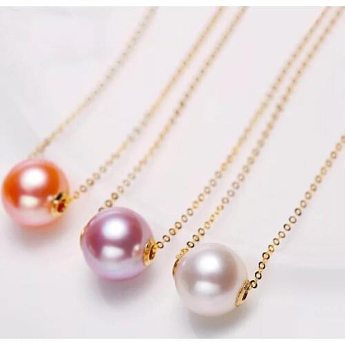 Natural Freshwater Pearl Pendant Necklace 18K Pure Yellow Gold Chain White Pink Purple Round Pearl Women Fine Jewelry D509