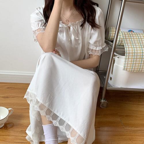 Lace Sleepwear Summer Silk Women Night Gowns Japanese Vintage Nightdress Girls Sweet Ruffles Sleeping Dress Cute Soft Home Wear
