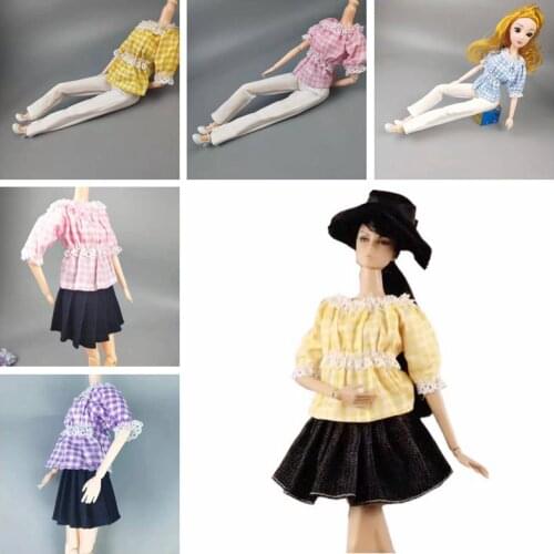 1/6 BJD Doll Clothes Short Puff Sleeve Plaid Shirt Top Skirt Pants for Barbie Accessories Dolls Outfits Set 11.5" Dollhouse Toys