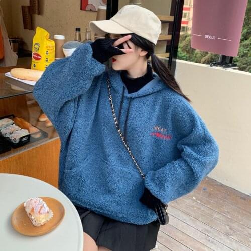 Autumn Winter Warm Hoodies Women Letter Embroidery Casual Loose Hooded Sweatshirt Plus Velvet Pocket Hoodies Solid Pullover Coat