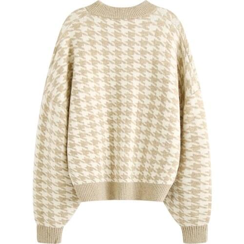 Women Pullover 2021 Fashion Oversized Jumper Houndstooth Knitted Sweaters Vintage Long Sleeve Loose Female Chic Tops