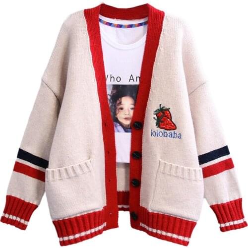 Spring New Strawberry Embroidery Female Cardigan Sweater Mid-Long Harajuku Loose V Neck Knitshirt Sweater Coat For Women 2021