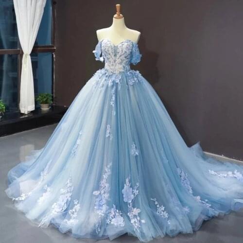 Light Sky Blue Quinceanera Dresses 2021 Princess Ball Gown Sweetheart Off Shoulder Appliques 3D Flowers Pageant Party Sweet 15