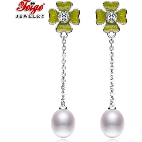 Green Flower 925 Sterling Silver White Ellipse Freshwater Pearl Long Earrings for Women Party Gifts Jewelry Wholesale FEIGE