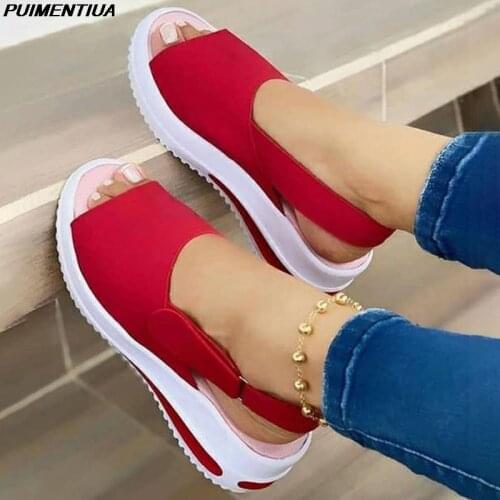 PUIMENTIUA Womens Sandals Vintage Wedge Shoes Woman Thick Bottom Flats Platform Sandals Flock Female Shoes Summer 2021
