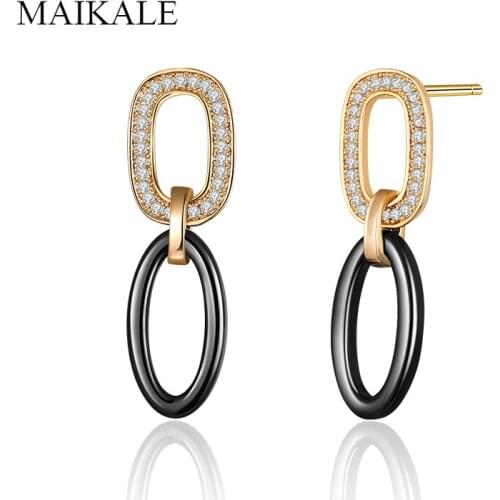 MAIKALE Trendy Black Ceramic Drop Earrings Gold Round Circle Cubic Zirconia Earrings for Women Party Jewelry Girls Gifts