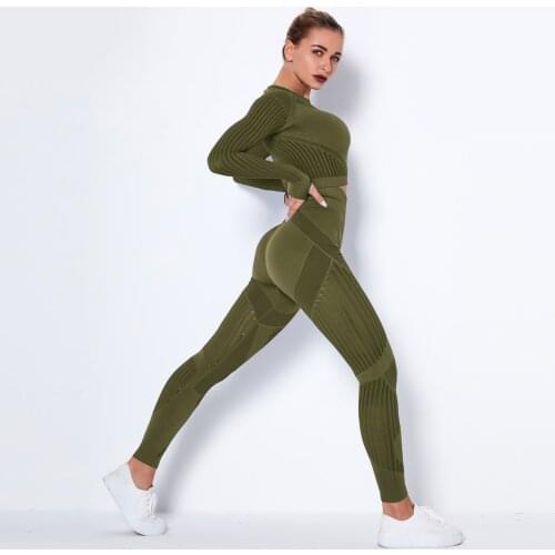 Women Seamless Fitness Set Gym Fitness Leggings Hollow Out Cropped Shirts Sport Suit Women Long Sleeve Tracksuit Gym Fitness Set
