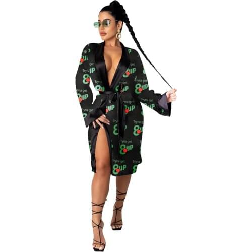 Women Fashion Letter Print Long Cardigan Coat Sexy Loose Pajamas Home Clothes Dress Coat Lace Up Belt Nightgown