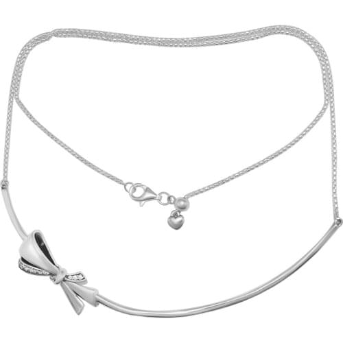 Authentic 925 Sterling Silver Jewelry Brilliant Bow Necklace,Clear CZ Fine Jewelry Necklaces for Women DIY Making FLN065