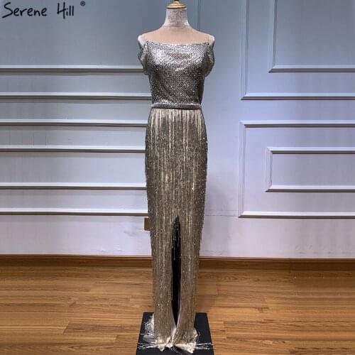 Dubai Gold Boat-Neck Tassel Sexy Prom Dresses Luxruy Short Sleeveless Sequined Beading Prom Gowns Real Photo BLA60826